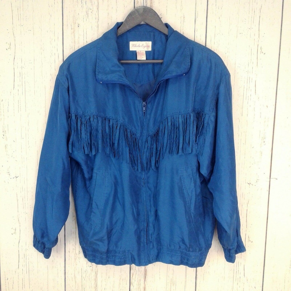 Vintage Blue Silk Windbreaker with Fringe Size S